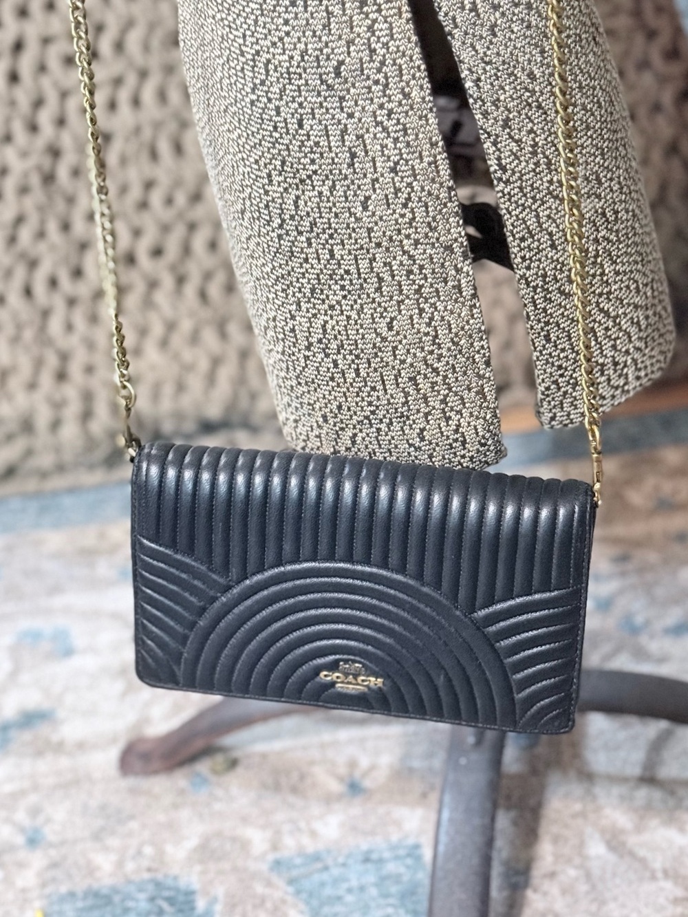 Coach Black Quilted Leather Crossbody Wallet – Gold Chain Strap, Classy & Comp